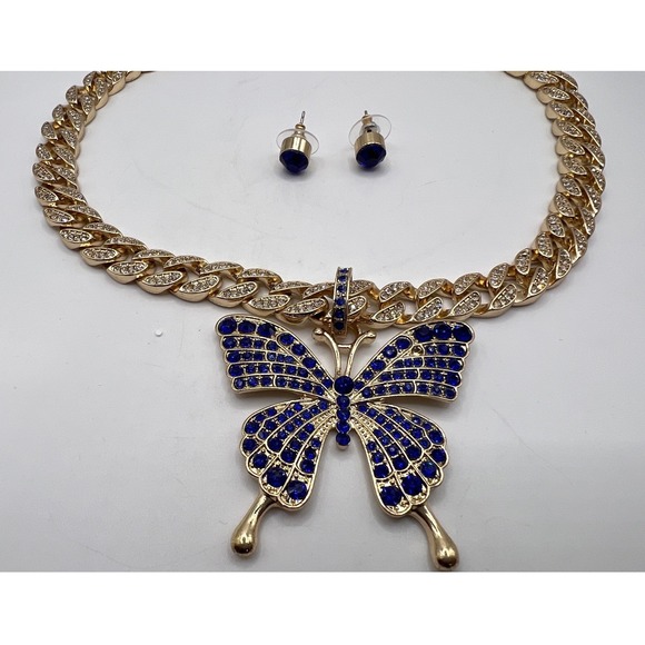 Jennifer & Co Gold NWT Chunky Rhinestone Chain Necklace Blue Butterfly Pendant - Picture 7 of 11